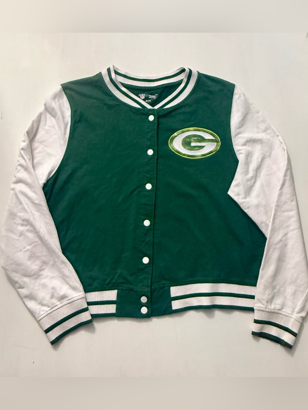 Green Bay Packers Women’s L Sequin Logo Varsity Snap Jacket NFL